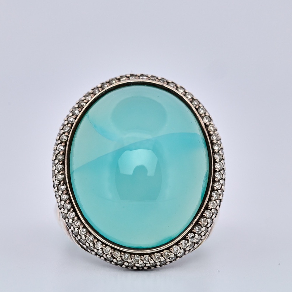 David Yurman Exquisite Aqua Chalcedony & Diamond Ring – Size 7